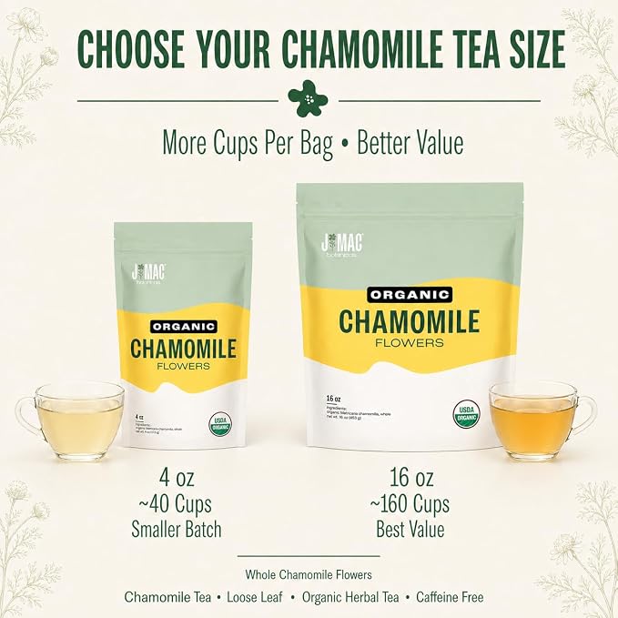 J Mac Botanicals Organic Chamomile Flowers (4 oz) – Whole Egyptian Chamomile Loose Leaf Herbal Tea, Caffeine-Free, Premium Dried Chamomile Flowers for Tea, Baths & Blends