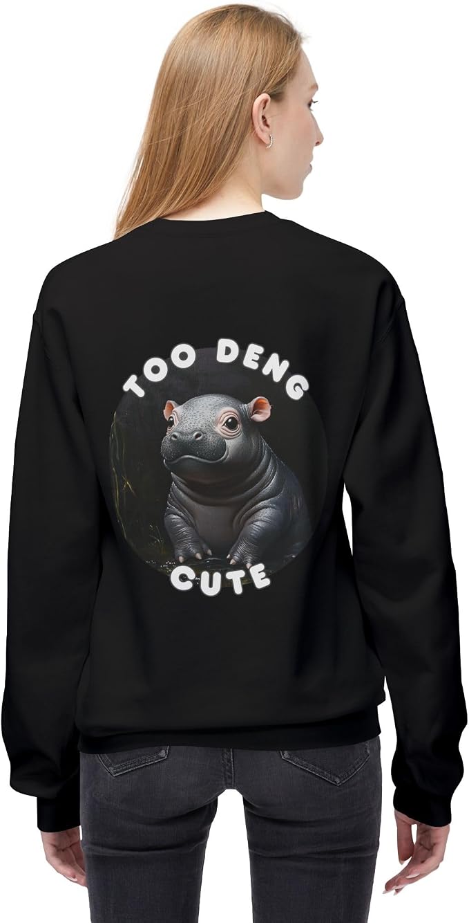 Unisex Fleece Crewneck Sweatshirt - Too Deng Cute Moo Deng Hippo, Cozy Cotton Blend, Classic Relaxed Fit
