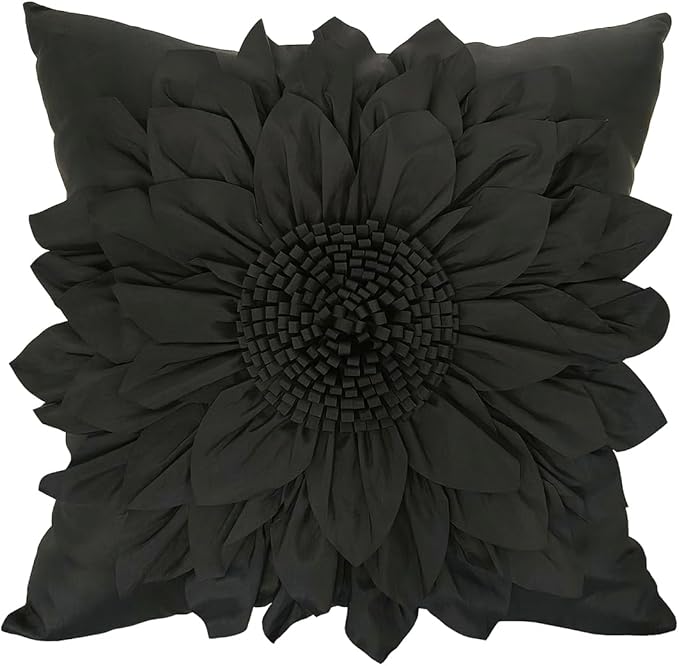 Black Accent 3D Flower Decorative Throw Pillow Covers for Bed Sofa Couch | Bella's Giftshop Handmade Sunflower Taffeta Pillow Cases Living Room Bedroom Decor, 18x18 Inch