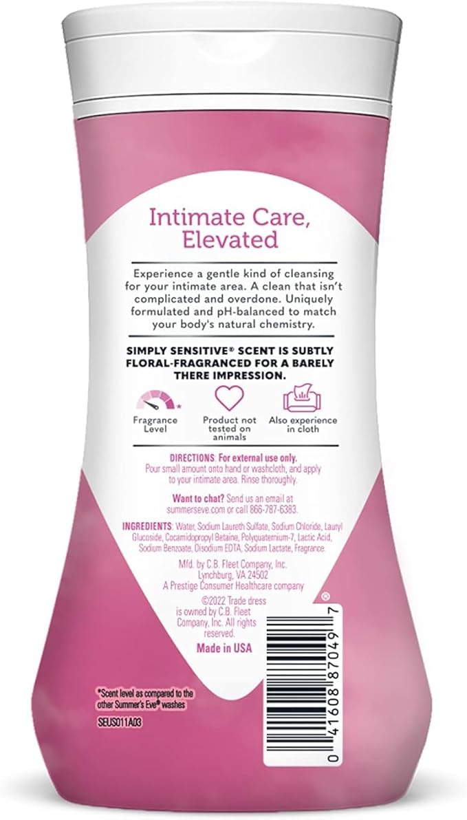 Summer’s Eve Simply Sensitive Feminine Cleansing Wash, Daily Gentle Intimate Wash, Removes Odor, pH Balanced, Hypoallergenic for Sensitive Skin, 9 Ounce (Pack of 8)
