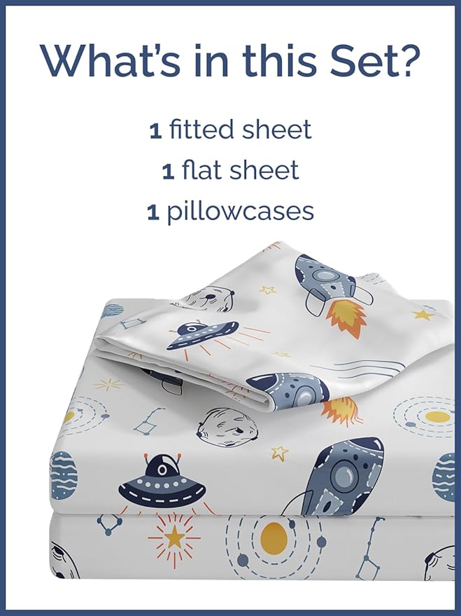 Kids Twin Size Bed Sheet Set - 3 Piece Kids Loft Bed Sheets - Space Galaxy Theme bedding - Soft, Cute - Breathable and Machine Washable - Spaceship Rocket Bed Set for Boys, Girls, Teens and Toddlers