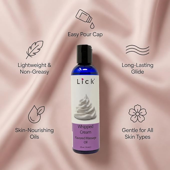 Lick Whipped Cream Flavored Massage Oil with Vitamin E - Warming Edible Body Oil for Couples Massage - Sweet Almond and Coconut Oil Blend - Smooth Glide Skin Therapy for Men and Women - 4 oz