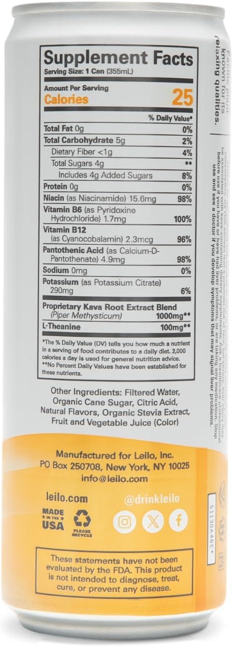Leilo | Kava Powered Sparkling Relaxation Drink | Tangerine Mango - Non-Alc Calming Beverage | 12 fl oz Cans (Pack of 12)