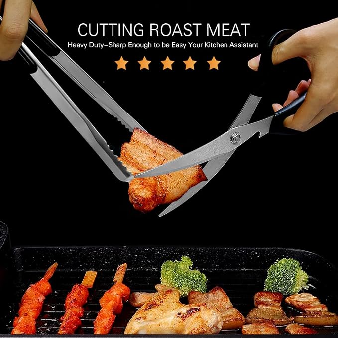 Kitchen Scissors, Korean Barbecue Scissors and Tongs Set,Kitchen Sheras for Meat Cutting, Chicken, Vegetables,Stainless Steel Non-slip Serrated Sharp BBQ Multipurpose Kitchen Sheras Tongs