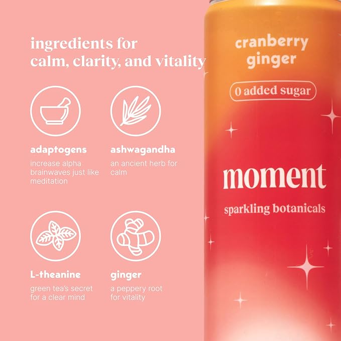Moment Adaptogen Drink (Shark Tank) - Calm, Clarity & Relaxation with L-Theanine & Ashwagandha - Non Alcoholic Drinks for Adults - Sparkling Botanical Soda - 0 Sugar 0 Caffeine - 12 Pack 11.5 fl oz