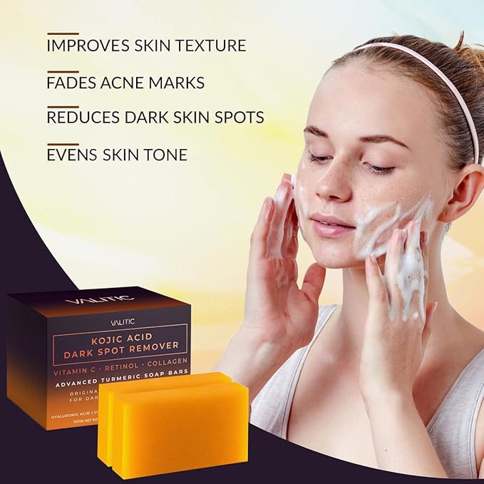 VALITIC Kojic Acid Dark Spot Remover Soap Bars with Vitamin C, Retinol, Collagen, Turmeric - Original Japanese Complex - Hyaluronic Acid, Vitamin E, Shea Butter, Olive Oil (2 Pack) - With Soap Holder