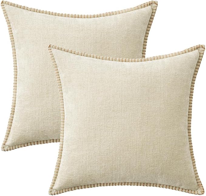 MIULEE Decorative Couch Throw Pillow Covers 18x18 Inch Cream White 2 Pack | Farmhouse Pillow Covers with Stitched Edge, Soft Chenille Cushion Cases, for Sofa Bed Living Room Home Decor