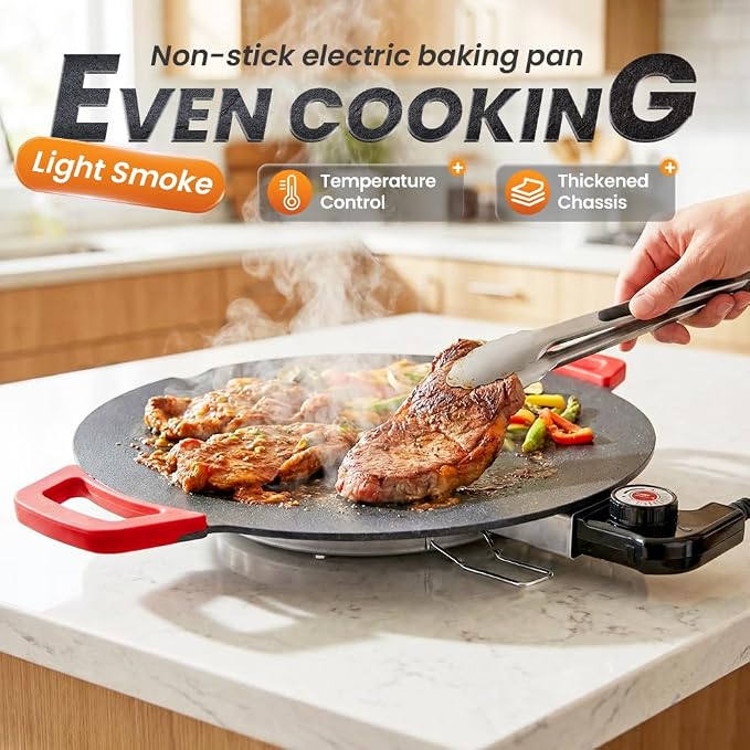 Non-Stick Electric Indoor Grill Pan, 2026 Upgraded Indoor Grills Electric Smokeless, Large Round Electric Griddle, Portable Electric KoreanBbq Grills, for Steaks, Pancakes, BBQ (12 inch)