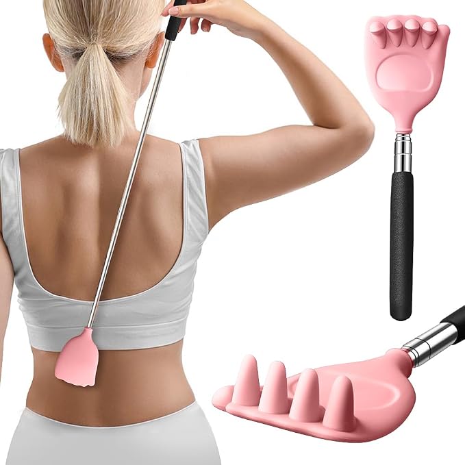 Back Scratcher Extendable Silicone Massager Tool Telescoping Stocking Stuffers Bear Claw Soft for Itches Lotion Application Spa Men Women Kids Adults the Disabled Baby-Pink