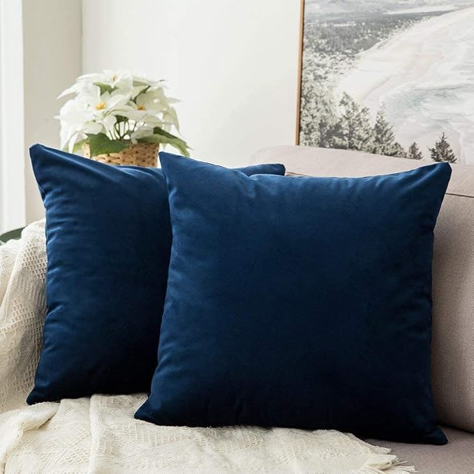 MIULEE Velvet Throw Pillow Covers 12x12 Inch Pack of 2 Dark Blue | Soft Solid Small Decorative Pillow Covers, Modern Luxury Home Decor, for Couch Chair Sofa Bedroom Livingroom Car