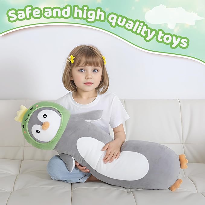 36 inch Long Penguin Plush Pillow Toy Soft Stuffed Animal with Cute Dinosaur, Cuddle Sleeping Body Pillow Penguin Plushies Gifts for Kids Boys Girls, Birthday