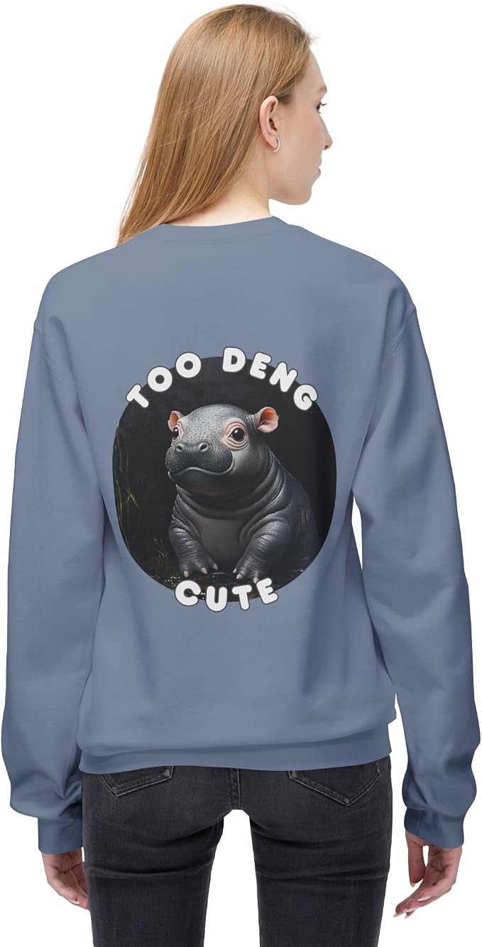 Unisex Fleece Crewneck Sweatshirt - Too Deng Cute Moo Deng Hippo, Cozy Cotton Blend, Classic Relaxed Fit
