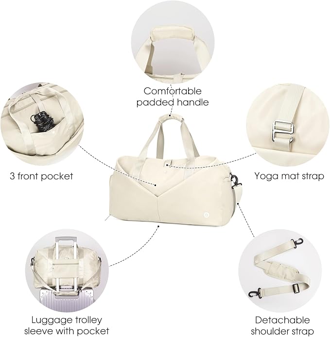 Ceneda 20" Gym Bag for Women with Wet Pocket & Shoe Compartment, Lightweight Duffel Waterproof Carry On Duffle for Travel, Yoga, Overnight (Ivory)