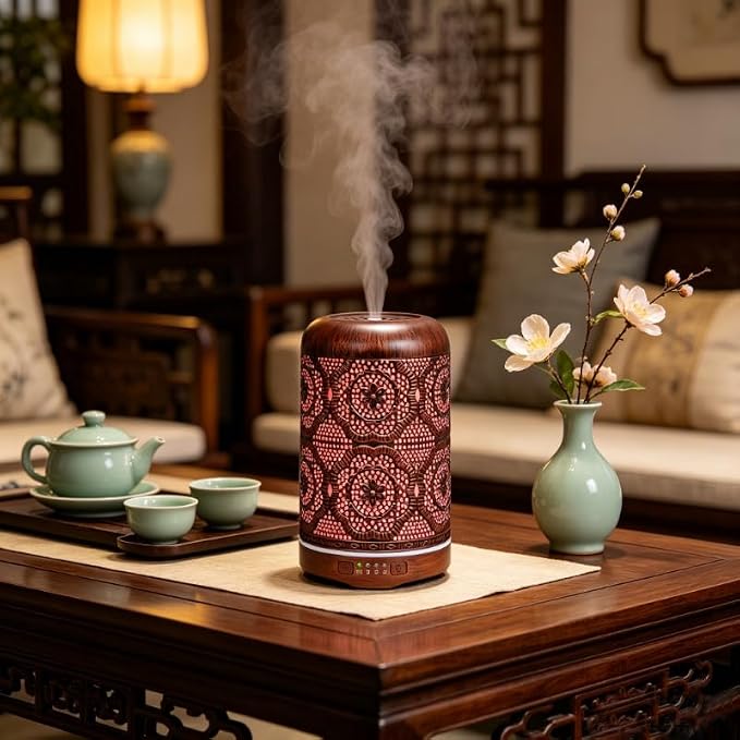 250ML Essential Oil Aromatherapy Diffuser for Home Bedroom Office Metal Hollow Decorative Room Ultrasonic Air Scent Mist Aroma Diffuser -Red Copper