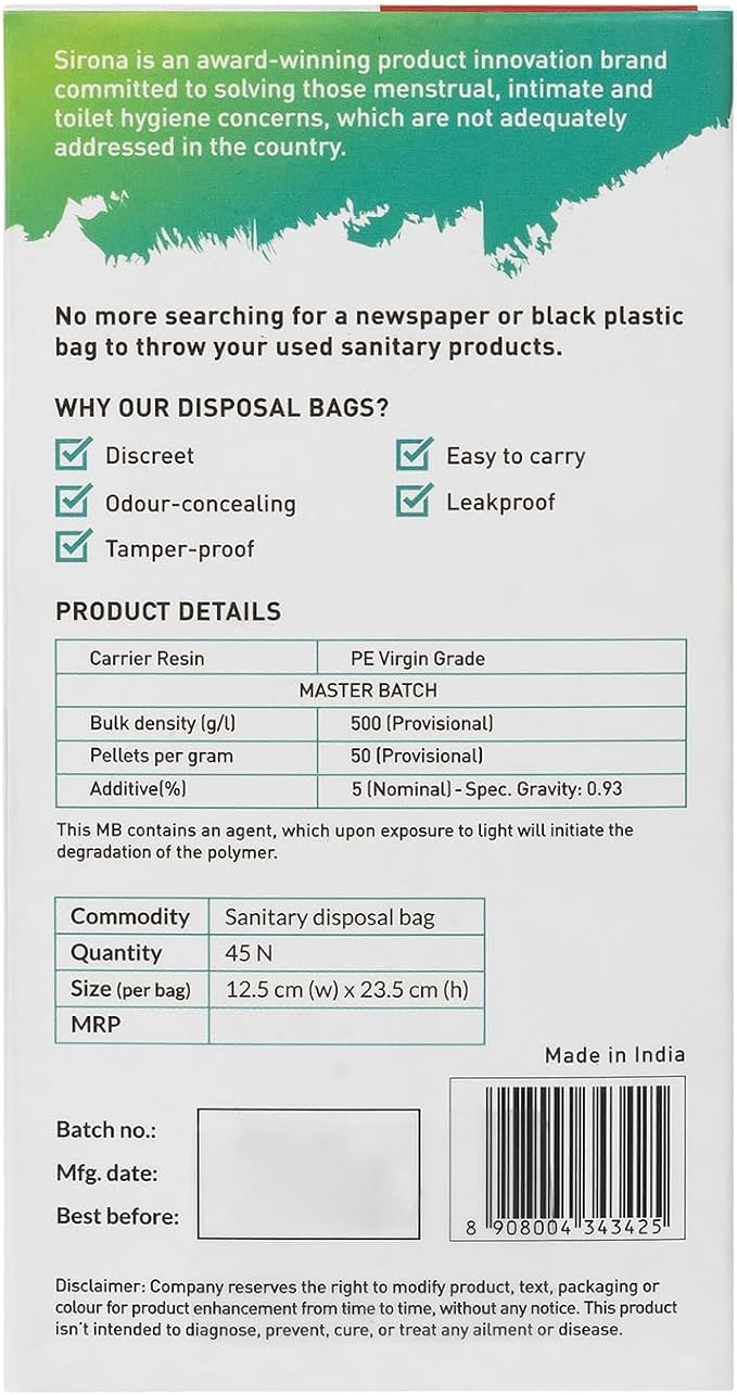 Sirona Sanitary Disposal Bags - 45 | Leakproof, Odor-Concealing Disposal for Tampons, Pads, Liners & More | Hygienic & Travel-Friendly (45 Pack)