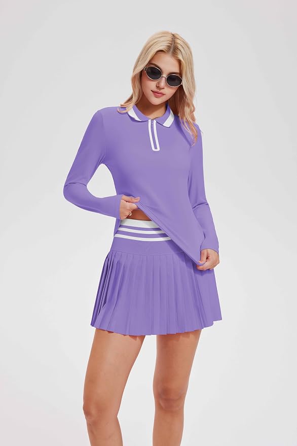 Tennis Skirt Sets for Women Zipper Color Block High Waisted Golf Polo Two Piece Skirt Set Women 2 Piece Outfits