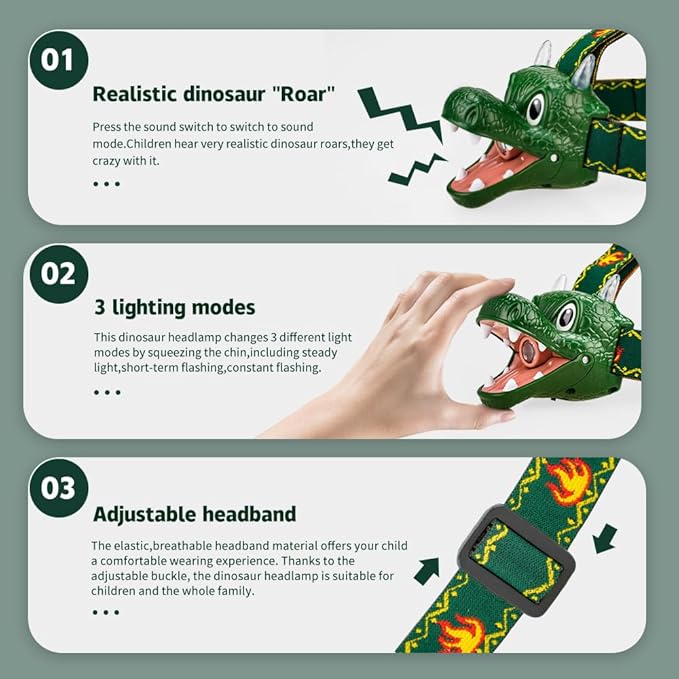 LED Dinosaur Headlamp for Kids, Children's Toy Flashlight Dinosaur Toys for Age 3 4 5 6 7 8 9 Years Old Kids, Camping Hiking Gear for Boys Girls