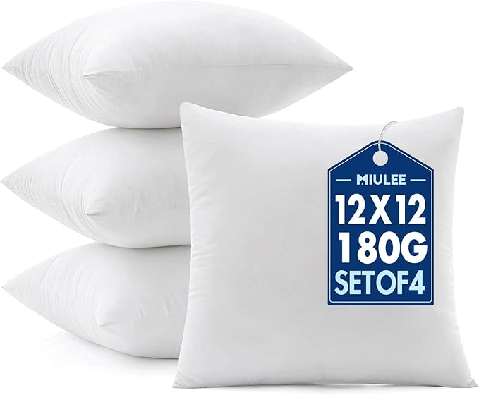 MIULEE 12x12 Pillow Inserts 4 Pack, 100% Virgin Fiber Filling Throw Pillows | Decorative Pillows for Sofa Bed Couch, Firm and Full Pillows, Excellent Support, Soft Brushed Fabric