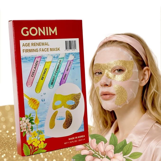 GONIM Korean Face Mask with Integrated Eye Mask Under Eye Patches - PDRN, Collagen Facial Mask, Retinol & Caffeine, Hydrating Face Masks Skincare Gifts for Women Anti Aging Skin Care 1.18ozx4