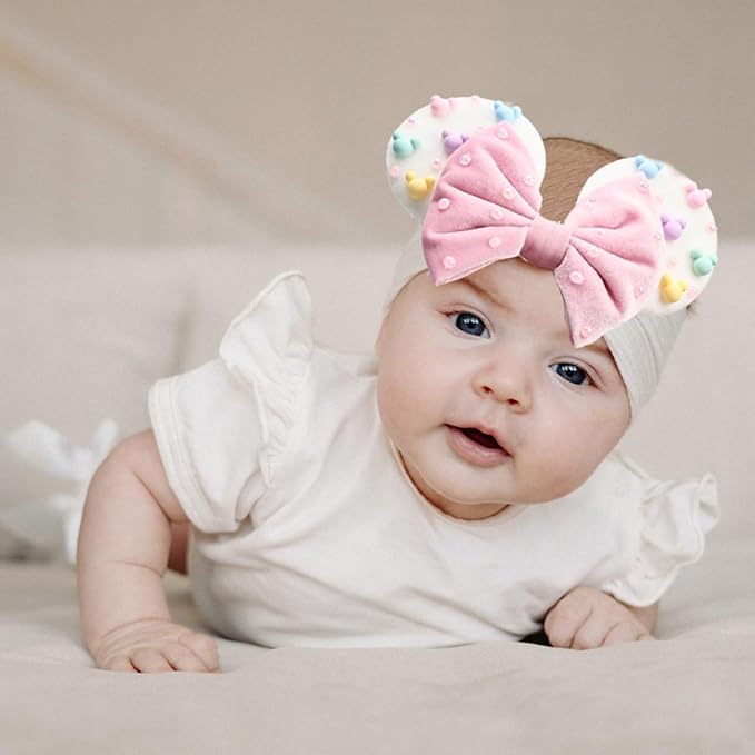 JIAHANG Baby Girl Velvet Mouse Ears Turban Headwrap with Beadings, Velvet Hair Bow Headband for Infant Toddlers Kids