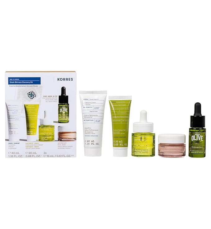 KORRES Greek Discovery Kit, 5-Step Ritual with Foaming Cleanser, Velvet Skin Drink, Poreless Skin Cream, Black Pine Eye Serum & Wild Rose Overnight Facial, Pre & Probiotic Superfoods, Travel Size Kit