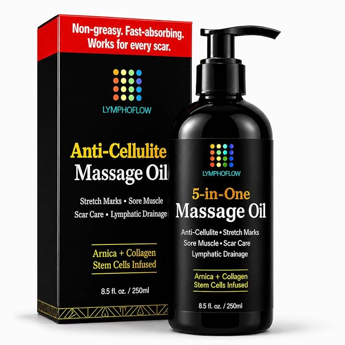 5-in-1 Lymphatic Drainage Massage Oil for Massage Therapy - Helps Smooth The Appearance of Cellulite & Improve Skin Texture- Post Surgery Recovery & Lipo, BBL, Tummy Tuck, Fibrosis Treatment -8.5Oz