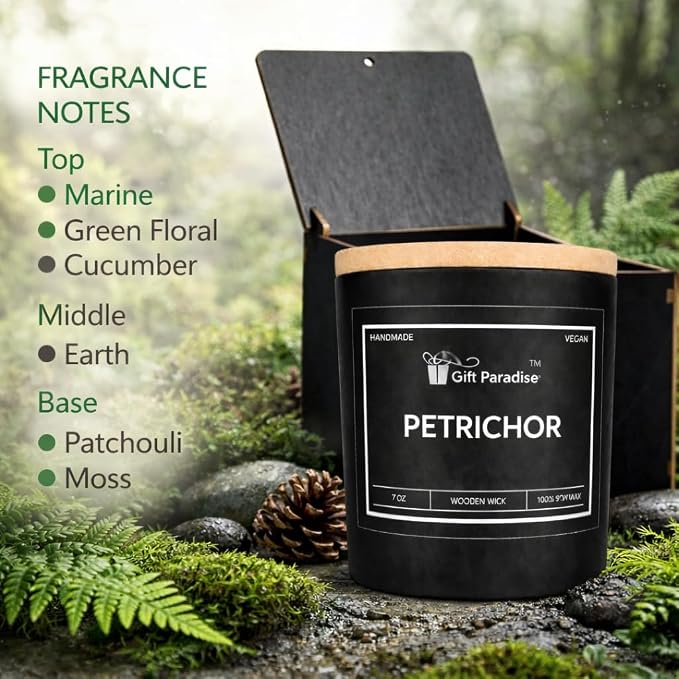 After Rain Candle (Petrichor) – 7 oz Soy Wax Candle with Wooden Wick, Fresh Earthy Rain Scent, Long Lasting Burn, Calming Nature Aroma, Luxury Glass Jar Gift for Home & Office