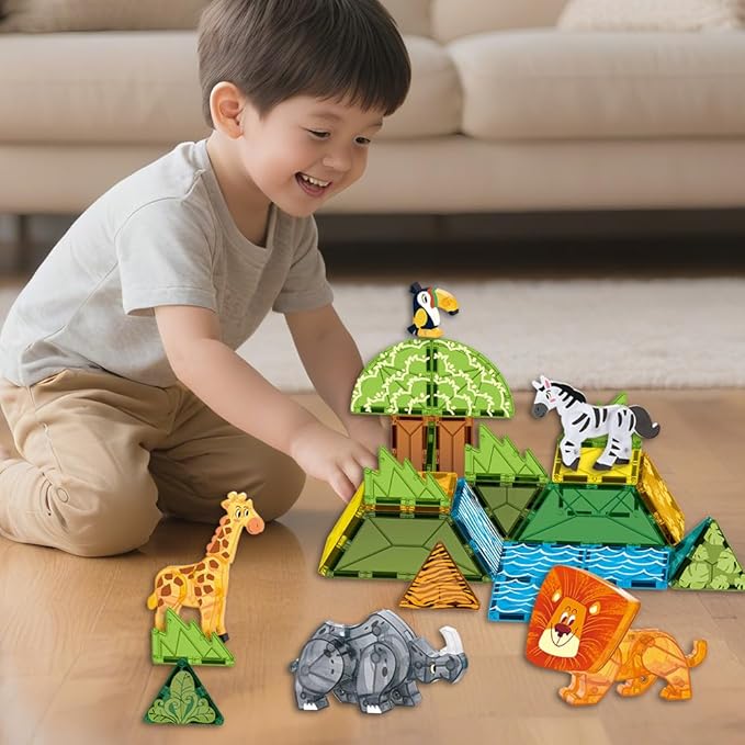 Magnetic Tiles Set Grassland Animals Theme Toys, Magnet Tiles Building Blocks Toys for Kids Ages 3+