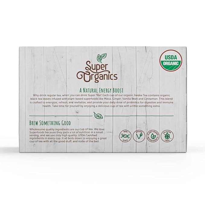 Super Organics Awake Black Tea Pods With Superfoods & Probiotics Keurig K-Cup Compatible Energy, Revitalizing, Refreshing Tea USDA Certified Organic, Vegan, Non-GMO, Natural & Delicious, 60ct
