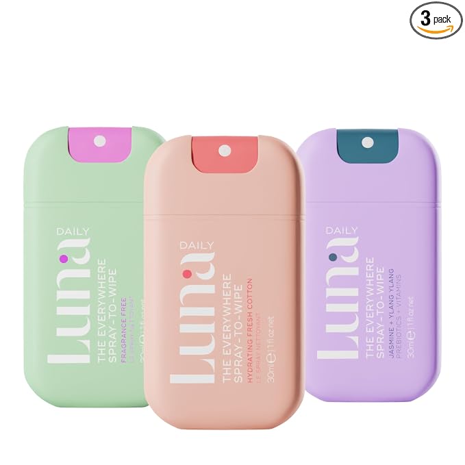 Luna Daily Spray to Wipe - Trio | Hydrating, Fragrance-Free & Original Feminine Mist | pH-Balanced, Natural Prebiotic Spray with Lactic Acid | Vegan, Plant-Based | Travel Set - 3 x 1 oz (30ml)