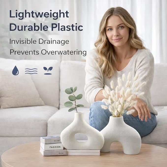 3D Printed Donut Vase Set of 2 – White Plastic Planter Vase with Drainage – Large Minimalist Nordic Hollow Design for Olive Tree, Modern Home Decor, Table, Console, Wedding (3D Printed in THE USA)