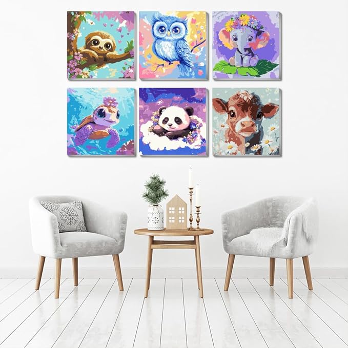 VividMeng 6 Pack Cartoon Paint by Numbers Kit for Kids Framed Canvas, Animals Paint by Number for Kids Ages 4-8-12, DIY Easy Acrylic Painting Kits for Home Wall Decor and Gift (8X8inch)