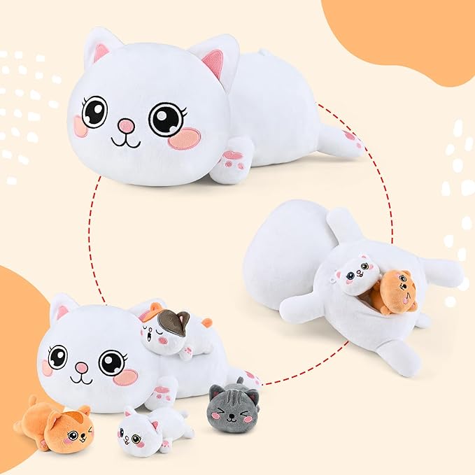 KMUYSL Cat Stuffed Animals Toys for Ages 3 4 5 6 7 8+ Years Old Kids - Mommy Cat with 4 Baby Kitty in Her Tummy, Idea Xmas Birthday Gifts for Baby, Toddler, Girls, Boys