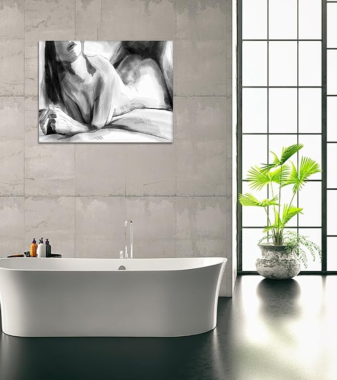 Yeesjoee Sexy Wall Art White and Black Couple Print Female Body Abstract Nude Woman Canvas Paint Pictures Home Decor Bedroom Apartment Living Room Hotel Modern Artwork Ready to Hang, 18x24 in Framed