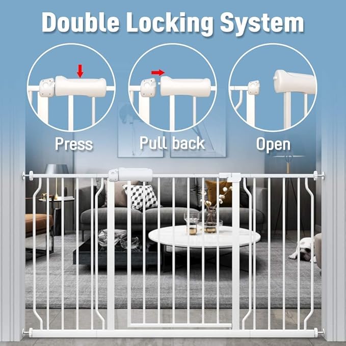 ALLAIBB Extra Wide Pressure Mount Baby Gate Auto Close White Metal Child Dog Pet Safety Gates with Walk Through for Stairs,Doorways,Kitchen and Living Room (62.20-71.26"/158-181cm)