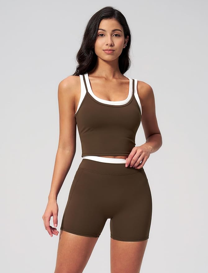 Women 2 Piece Workout Sets Racerback Color Block Tank Top High Waist Tummy Control Shorts Yoga Outfits