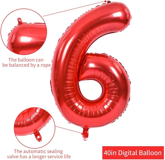 TONIFUL 40 Inch Red Large Numbers Balloons 0-9, Number 6 Digital 6 Helium Balloons, Foil Mylar Big Number Balloons for Birthday Party Anniversary Supplies Decorations