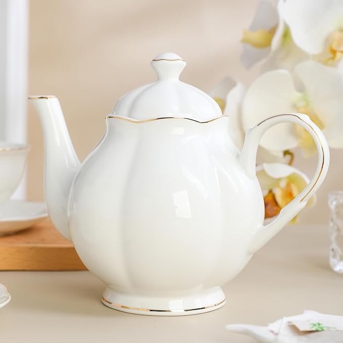 34oz White Porcelain Teapot with Gold Trim, Classic Ceramic Teapot for Loose Leaf Tea & Tea Bags, Elegant Teapot for Daily Use or Gifts
