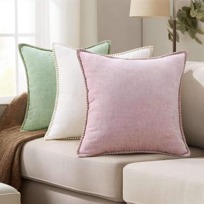 decorUhome Soft Chenille Throw Pillow Covers 18x18 Set of 2 Blush Pink | Fall Textured Decorative Throw Pillow Cases Stitched Edge Modern Farmhouse Luxury Boho Velvet for Couch Sofa Bed Home Decor