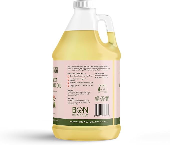 Best of Nature 100% Pure Sweet Almond Oil – Moisturizing Massage & Body Oil, Unscented for Hair, Skin, Face, Soap Making, Aromatherapy, Ideal Carrier for Essential Oils, 1 Gallon (128 fl oz)