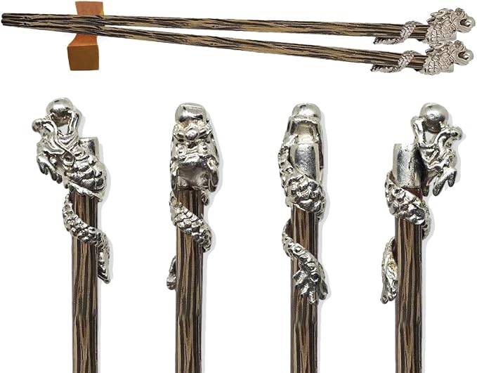 Wooden Chopsticks 9⅞" Long Coconut Palm Wood Chopstick With Metal Dragon Top Eating Utensils Oriental Cutlery Asian Tableware Decorative Dinnerware Serve Chinese Japanese Korean Food