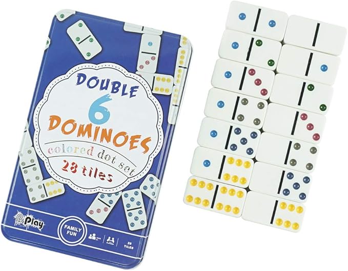 PUREPLAY Double 6 Colored Dot Dominoes Game Set,28 Pieces Dominoes Tiles with Reusable Collectors Tin,Domino for Adults-Party Favors and Anytime Use,for 2 or More Players
