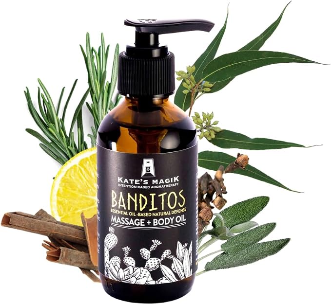 Banditos Natural Defense Protective Massage + Body Oil All Natural Essentail Oils in Sweet Almond and Avocado Oil 100% Pure Essential Oils Cinnamon, Clove, Eucalyptus, Rosemary.