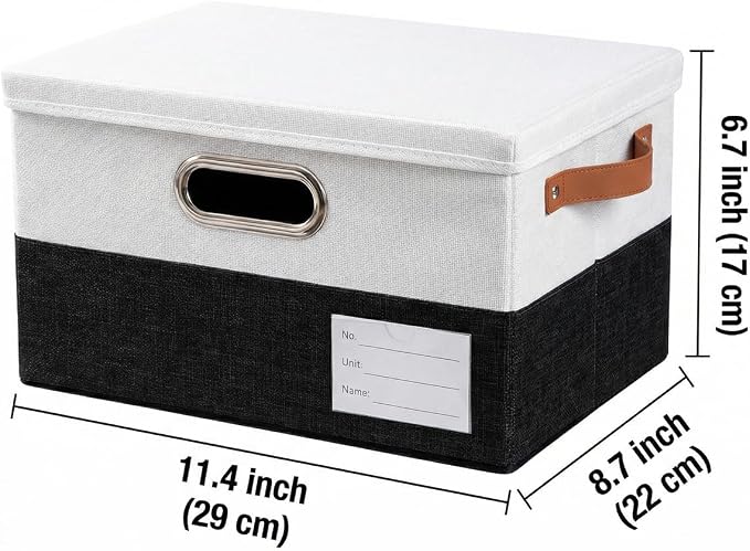 Storage Bins with Lids [3-Pack] Linen Fabric Foldable Storage Boxes Organizer Containers Baskets Cube with Cover for Bedroom Closet Office Black & White（11.4X8.6X6.7