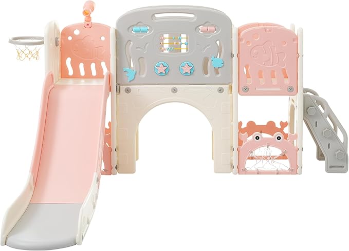 11in 1 Toddler Slide, Kid Slide for Toddlers Age 1-3 with Telescope, Basketball Hoop, and Telescope, Indoor Outdoor Playset Playground Pink Bei'ge