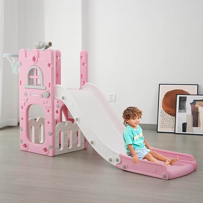 Toddler Slide for Kids with Climber Basketball Hoop, Storage Space, Telescope Kids Indoor Slide Baby Slide for Outdoor Play Upgraded Toddler Indoor Playground with Wider and Longer Slideway Upgraded