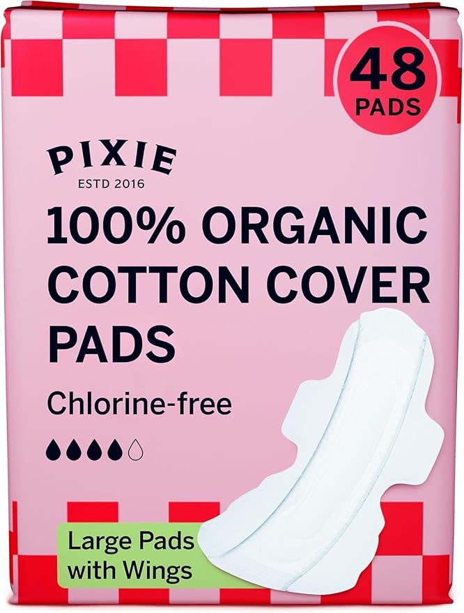 Pixie Organic Pads Ultra Thin Regular Long Cotton Pads with Wings – Comfortable, Leak-Proof Protection for Everyday Flow – Hypoallergenic, Unscented, Soft & Breathable – Eco-Friendly, 48 Count