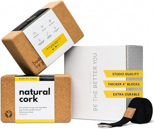 Cork Yoga Blocks 2 Pack – High Density Non Slip with Select Cork Grain for Chip-Resistant Durability | Extra Thick 4” for Support & Stability | Natural, Smooth, and Crumble Free | Body By Yoga