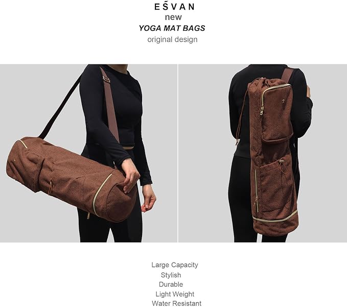 ESVAN Yoga Mat Bag with Multi Pockets Drawstring Yoga Mat Carrier Pilates Exercise Multi-Functional Storage Bag