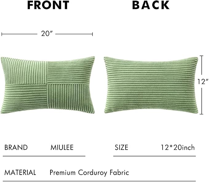 MIULEE Sage Green Decorative Lumbar Throw Pillow Covers 12x20 Inch 2 Pack | Boho Farmhouse Pillow Covers, Soft Cross Corduroy Patchwork Textured Cushion Cases For Bed Sofa